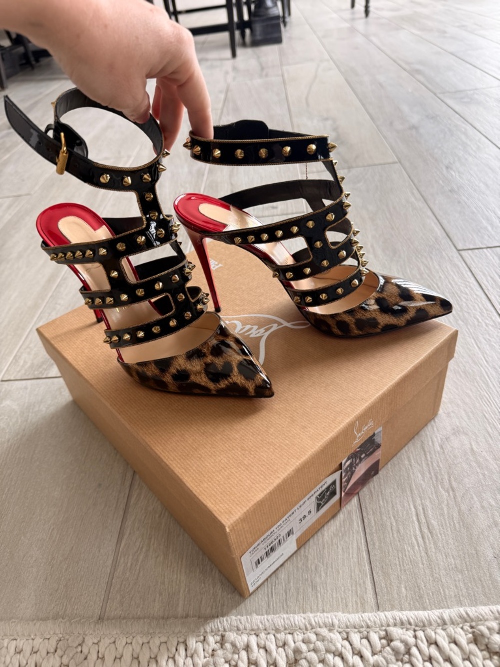 Christian Louboutin Leopard Print Pointed Studded Strappy Heels with Red Insole